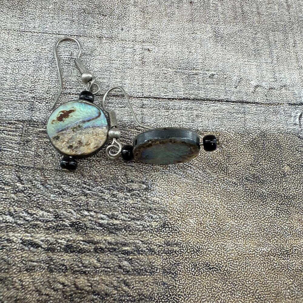 Artisan Silver Tone Dangle Earrings Blue and Black Gemstone Charm - Picture 5 of 5
